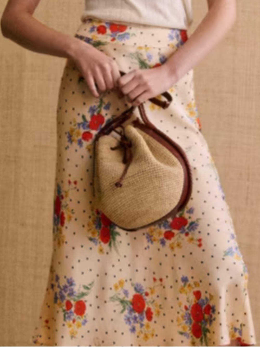 Sezane Natural Straw Bucket Bag with Brown Braided Trim